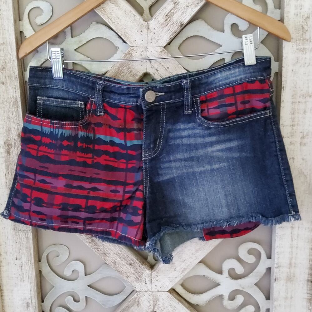 Allen B Women's Cotton Denim Contrast Fringe Jean Shorts in Blue & Red